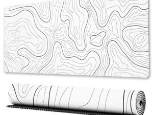 Large Gaming Mouse Pad with Stitched Edges, Topographic Map Desk Mat, Extended XL Mousepad with Anti-Slip Base, Spill-Resistant Desk Pad for Keyboard and Mouse, 31.5 x 11.8 in, White