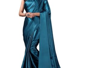 Women's Dyed Satin Silk Saree with Unstitched Blouse Piece - Dark Teal Blue