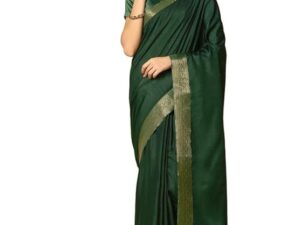 Women's Zari Boarder Vichitra Poly Silk Saree with Unstitched Blouse Piece - Green