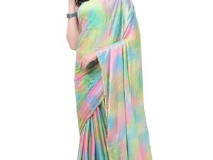 Women's Stylish Chiffon Colorblock Foil Printed Saree with Blouse Piece - Pastel Green, Pink, Multicolor