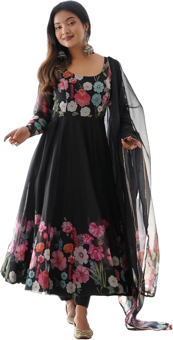 Women's Floral Cream Anarkali Kurta Set with Dupatta